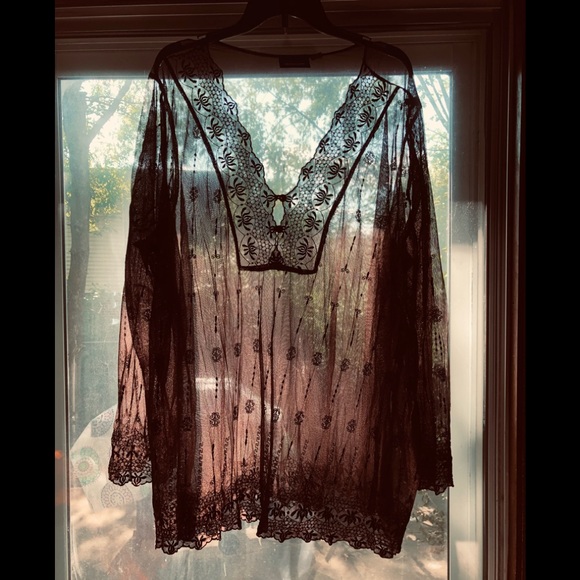 Avenue Mesh Embroidered Top Blouse Size 26/28 Chic Brown Stretchy Sheer Top - Picture 1 of 12